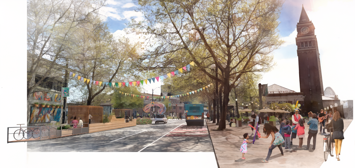 Drawing showing 2nd Ave Ext S narrowed, a bus only lane, and enhanced public space outside of King Street Station. There are colorful flags strung across the street, covered outdoor seating, families playing.